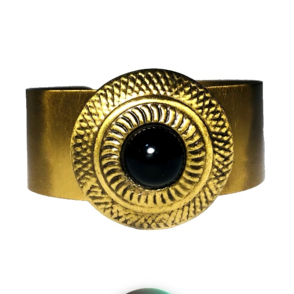 Brass Cuff Bracelet with Textured Medallion and Black Onyx Cabochon